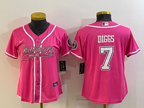 Women's Dallas Cowboys #7 Trevon Diggs Pink With Patch Cool Base Stitched Baseball Jersey(Run Small)